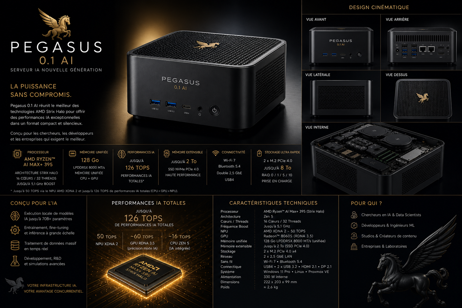 Pegasus 0.1 AI — serveur IA nouvelle génération, AMD Ryzen AI Max+ 395 (Strix Halo, 16 cœurs, 128 Go LPDDR5X unifiée, 126 TOPS, jusqu'à 2 To NVMe, Wi-Fi 7, 2,5 GbE, USB4). Vues avant, arrière, latérale, dessus, interne.